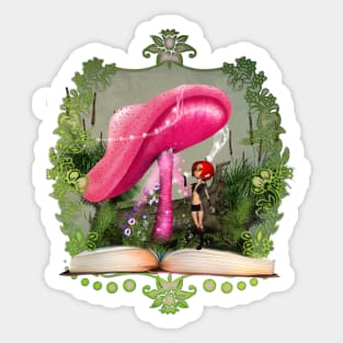 Little fairy on a book with mushroom Sticker